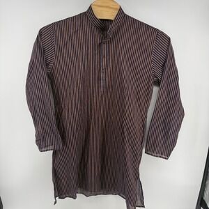 Ethos Mens‎ Cotton Striped Kurta Tunic Shirt Navy Blue Orange Size 40 100cm